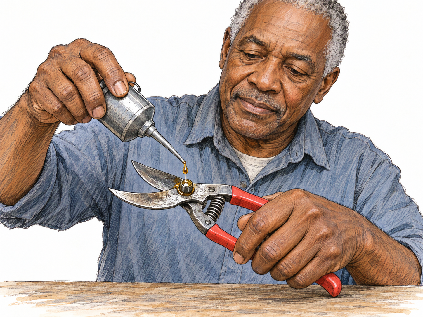 An older man applies a drop of oil directly to the pivot of open metal pruning shears, making the lubrication action prominent.