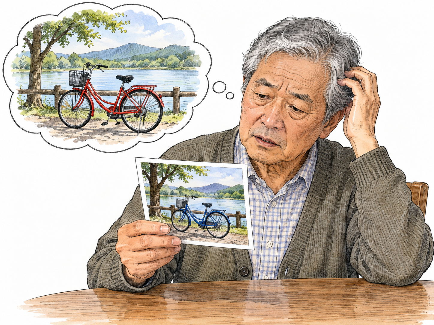 An adult sincerely recalls a red bicycle in a memory bubble while an old photograph visibly shows a blue bicycle in the same setting; puzzled sincerity, no lying gesture or moral blame.