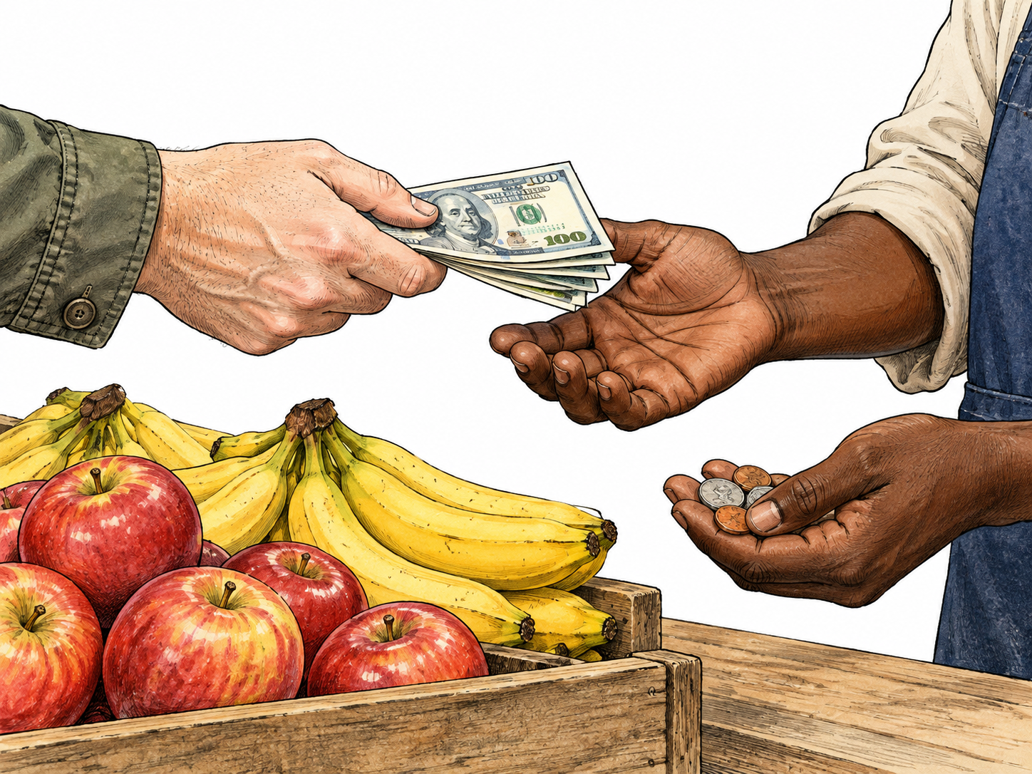Coins and ordinary banknotes pass between a buyer's and seller's hands beside purchased fruit; money in active exchange, no invented readable banknote prose.