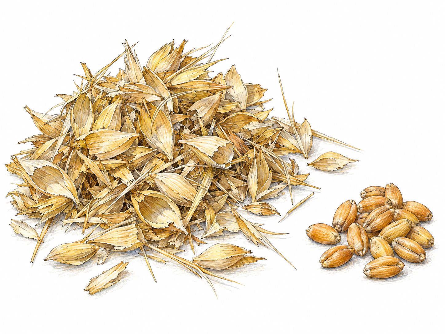 A close, simple study of a loose pile of dry wheat husks separated from grain, with a small distinct cluster of solid wheat kernels beside it for contrast.