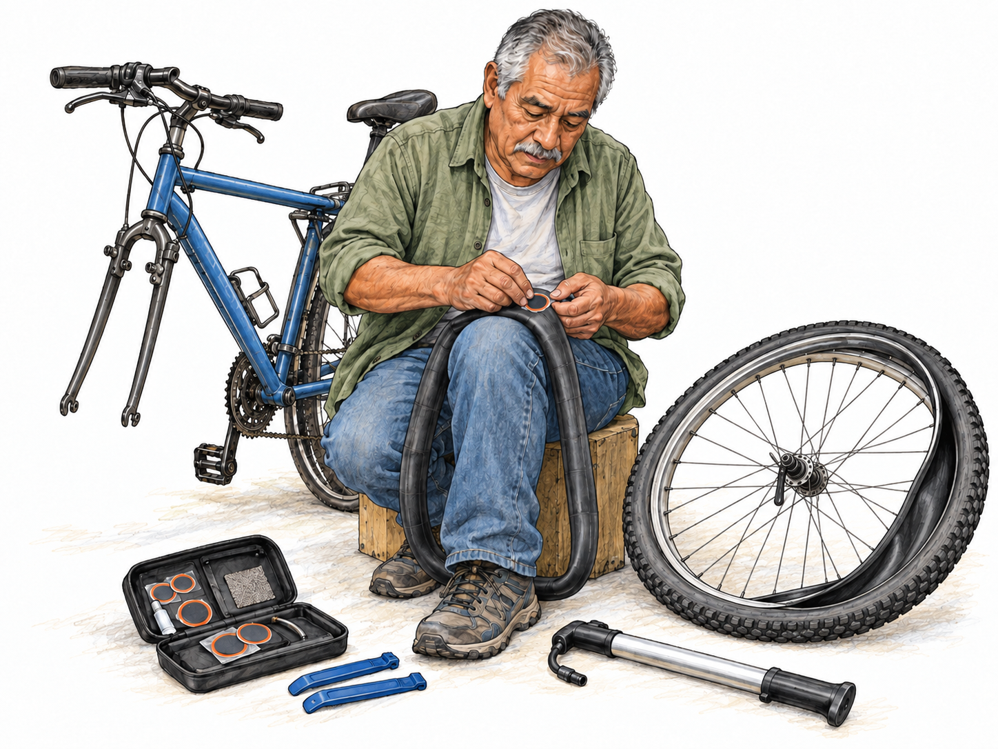 An older man repairs a bicycle puncture using a readily available repair kit and pump: concrete resources that enable him to make the bicycle usable.