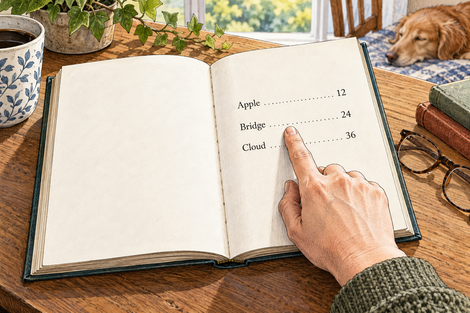 An open book's index page with ONLY three essential entries rendered legibly: Apple 12, Bridge 24, Cloud 36.