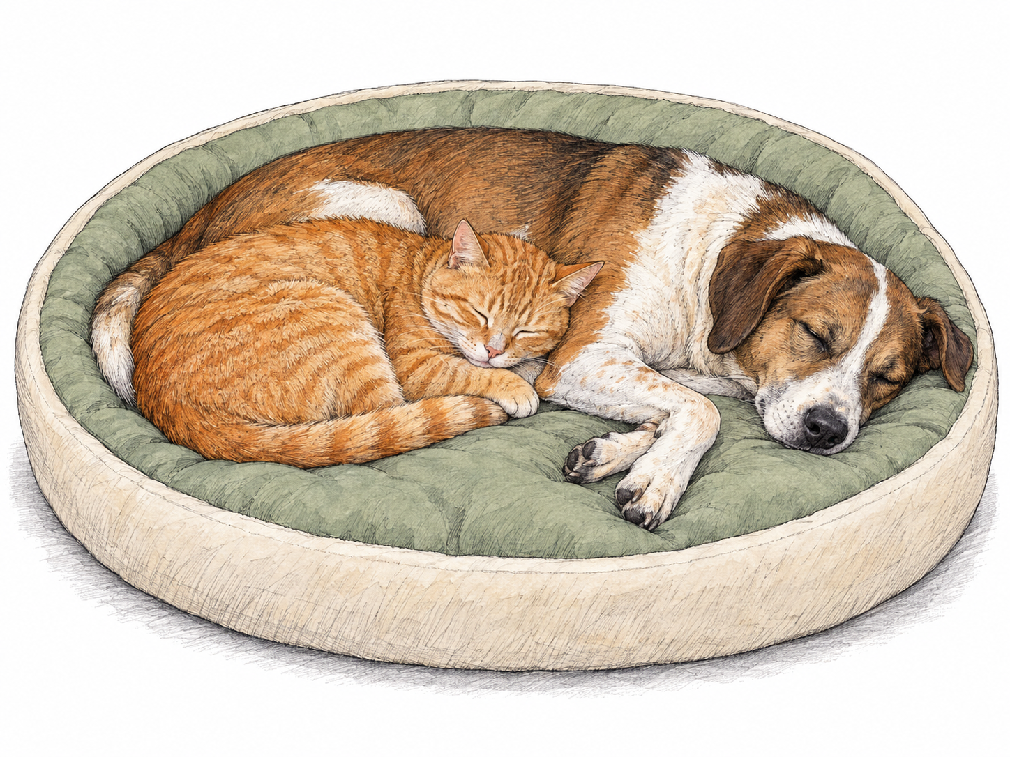 A cat and dog resting comfortably together in one pet bed, their relaxed bodies nestled against each other, making peaceful coexistence visibly recognizable.