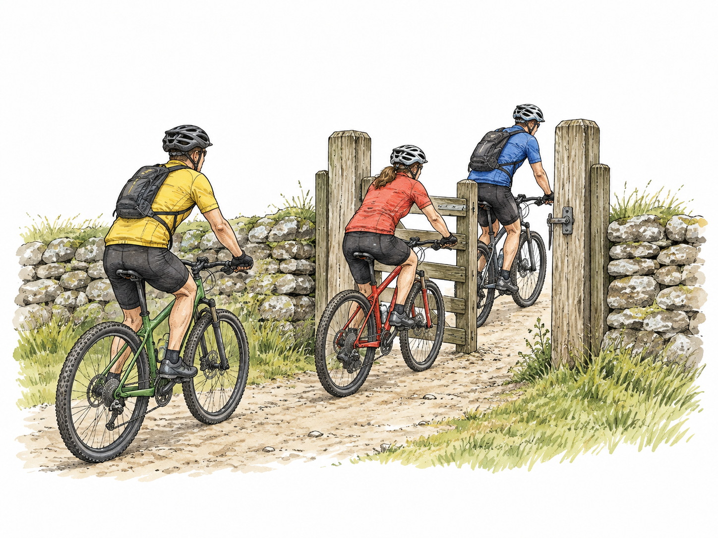 Three cyclists pass through the same narrow gate one immediately after another.