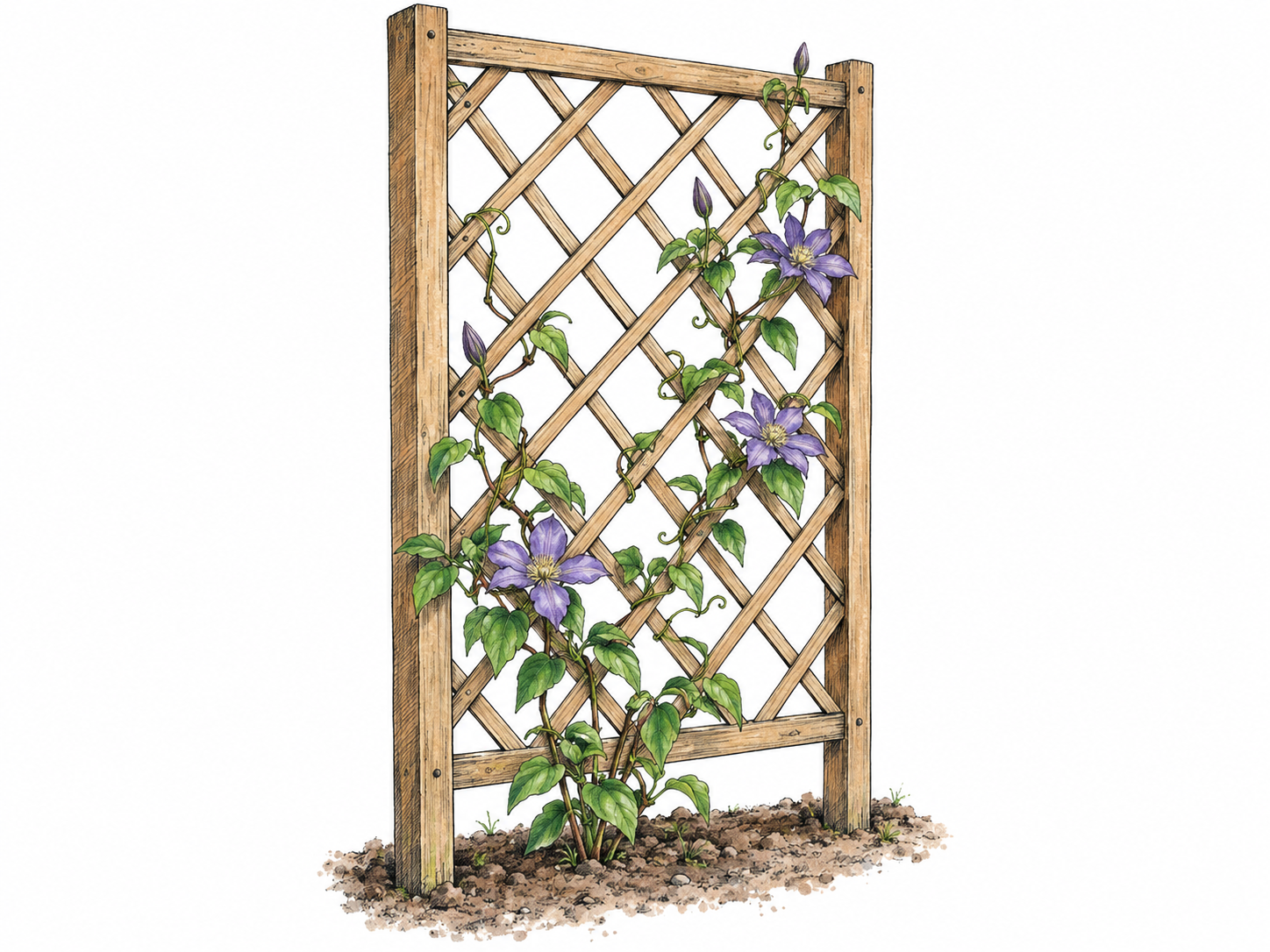 A freestanding wooden lattice trellis supporting a climbing vine, with exposed crossed slats and clearly visible tendrils gripping the frame.