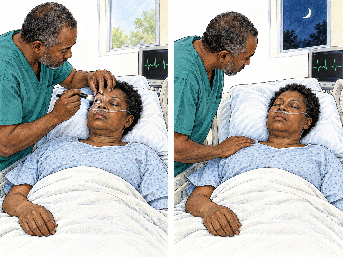 A compact day-to-night bedside sequence shows the same unconscious hospital patient remaining unresponsive during repeated clinician checks.