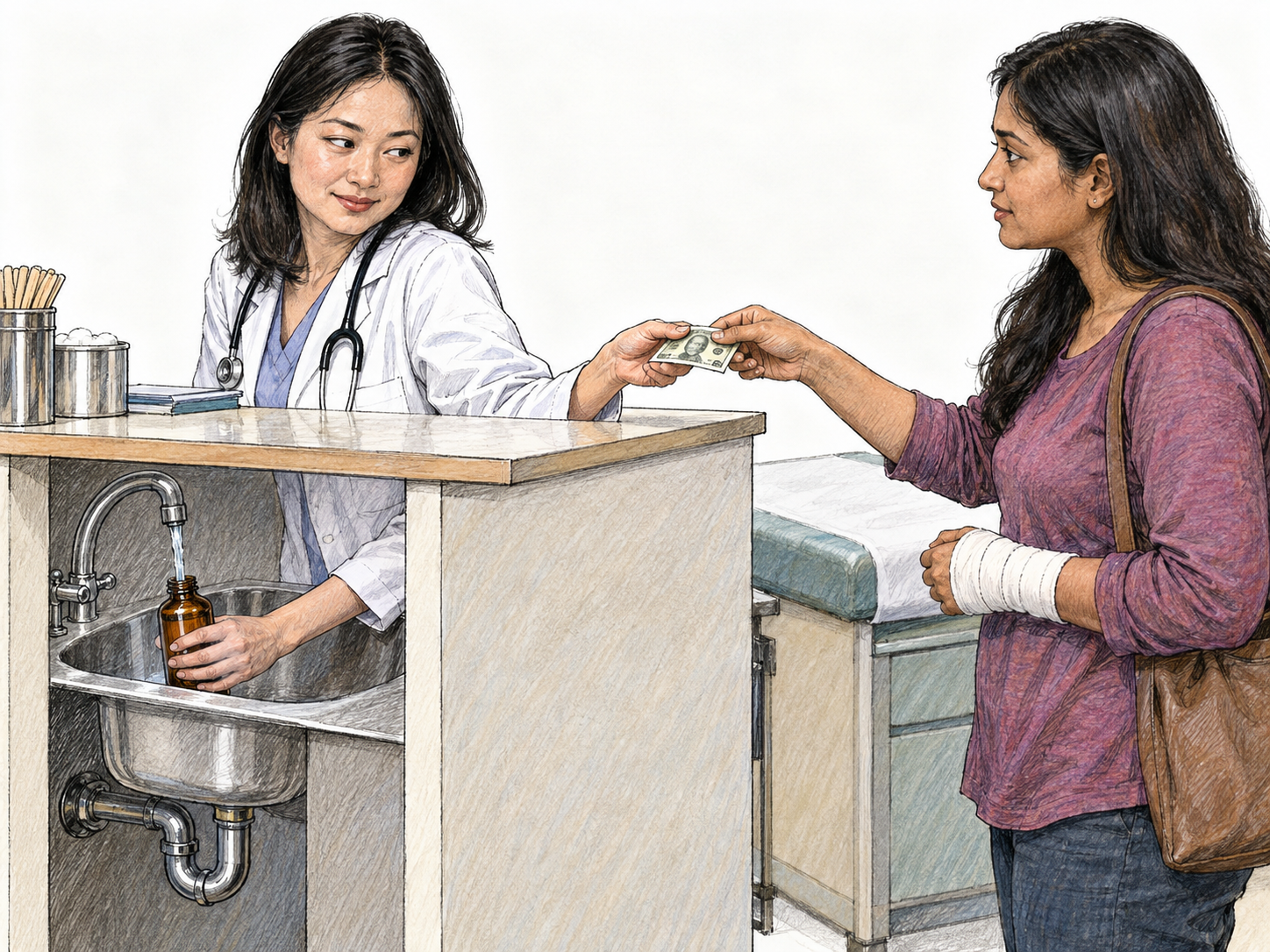 A medical-looking practitioner secretly fills a medicine bottle with tap water while accepting payment from a patient whose bandaged wrist makes the supposed treatment context clear.