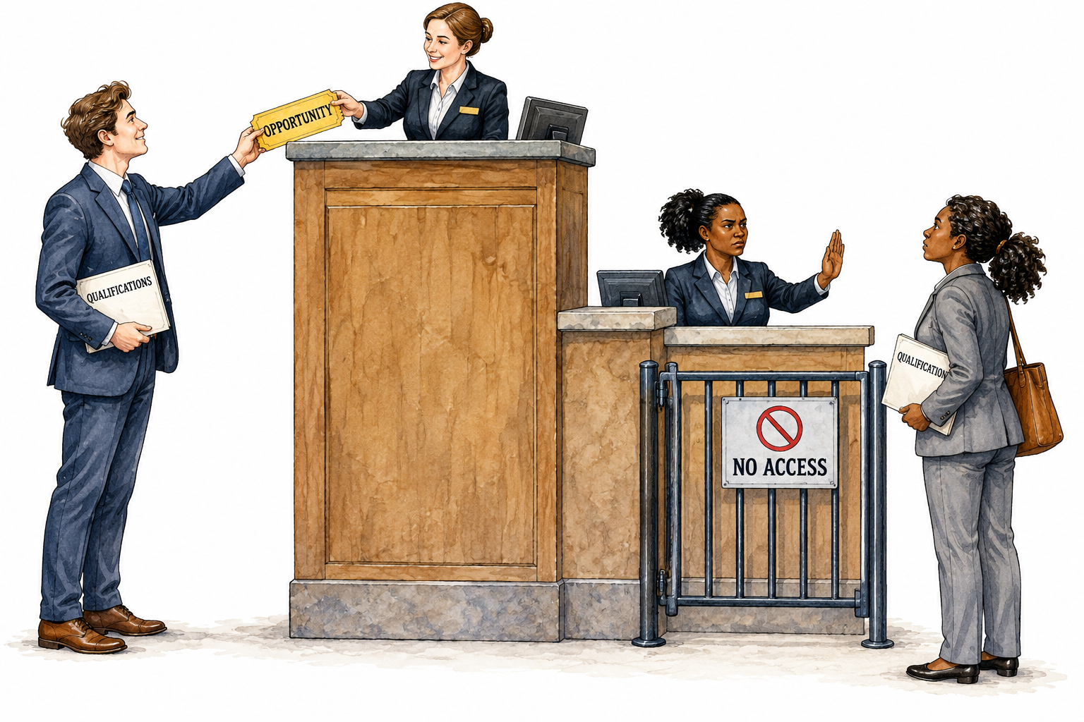 Two equally qualified workers stand at unequal-height service counters, one receives full opportunity ticket while other is barred by unfair gate, inequality clear.