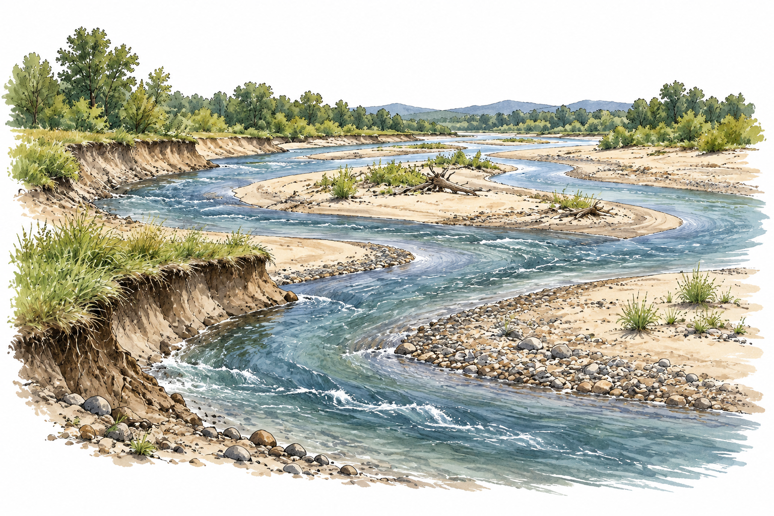 A river's shifting channels and eroding sandbanks convey continuous change.