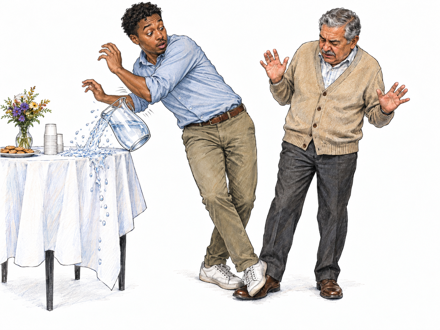 An obliviously clumsy guest turns too abruptly beside a small refreshment table, knocking a pitcher over with his elbow while stepping on another guest's foot.