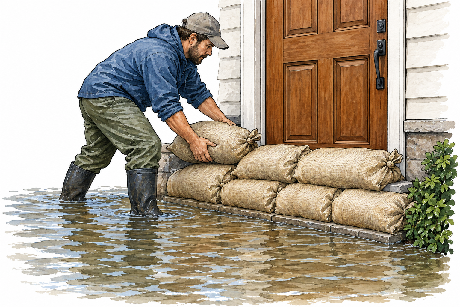 Worker installs sandbags before rising floodwater reaches doorway, preventing damage by acting ahead.