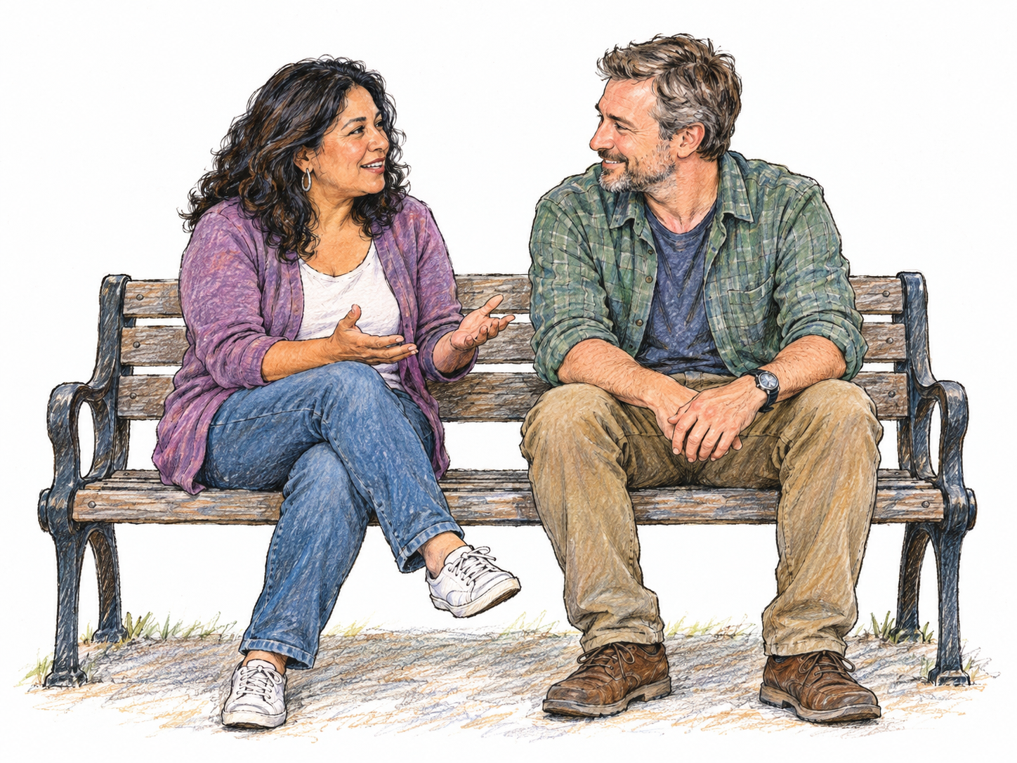 Two longtime friends sit together on a simple park bench, sharing an easy conversation.
