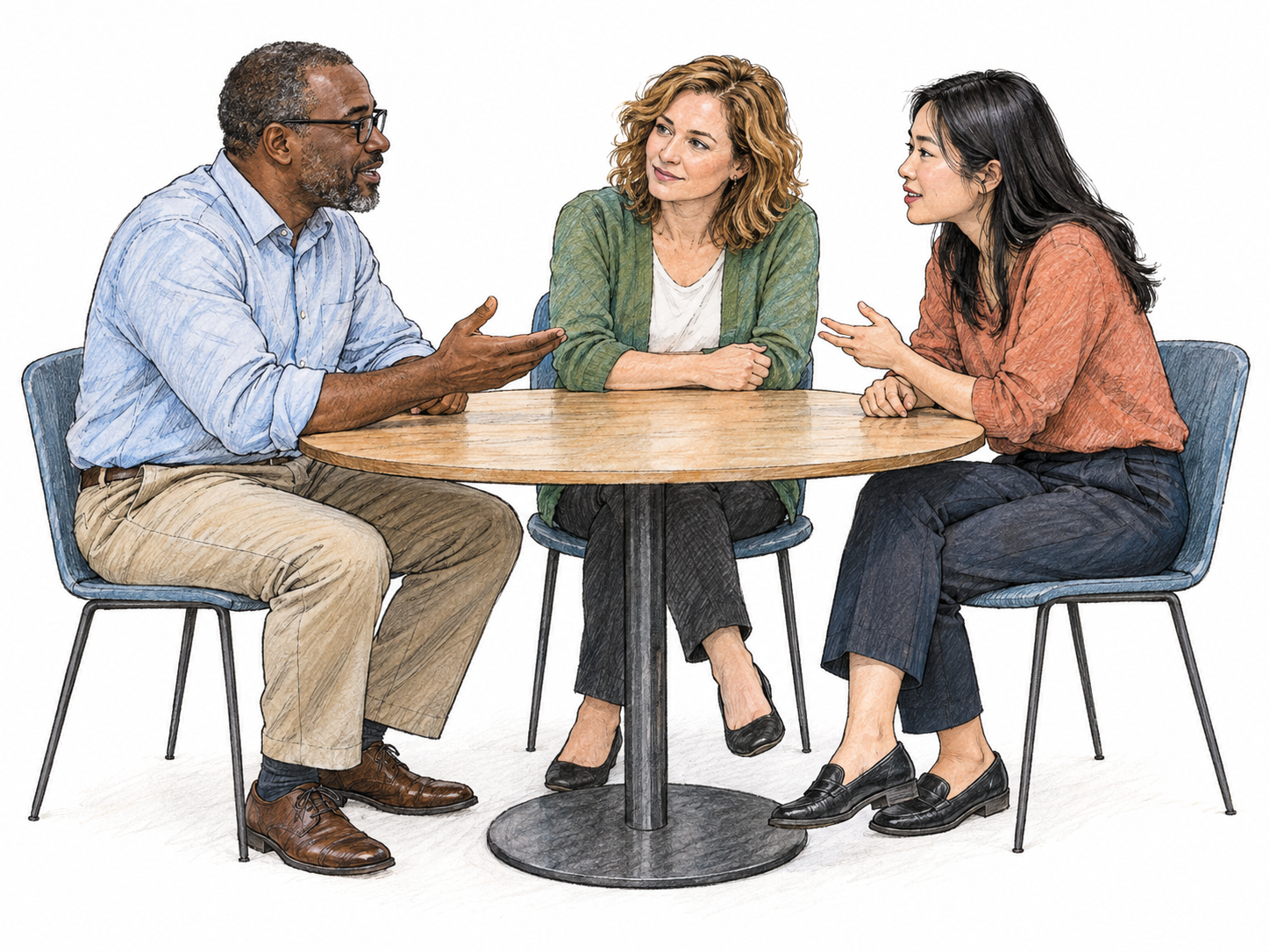 Three colleagues gathered closely around a small round table in an active discussion, with reciprocal gestures and shared attention making this a meeting rather than a lecture or meal.