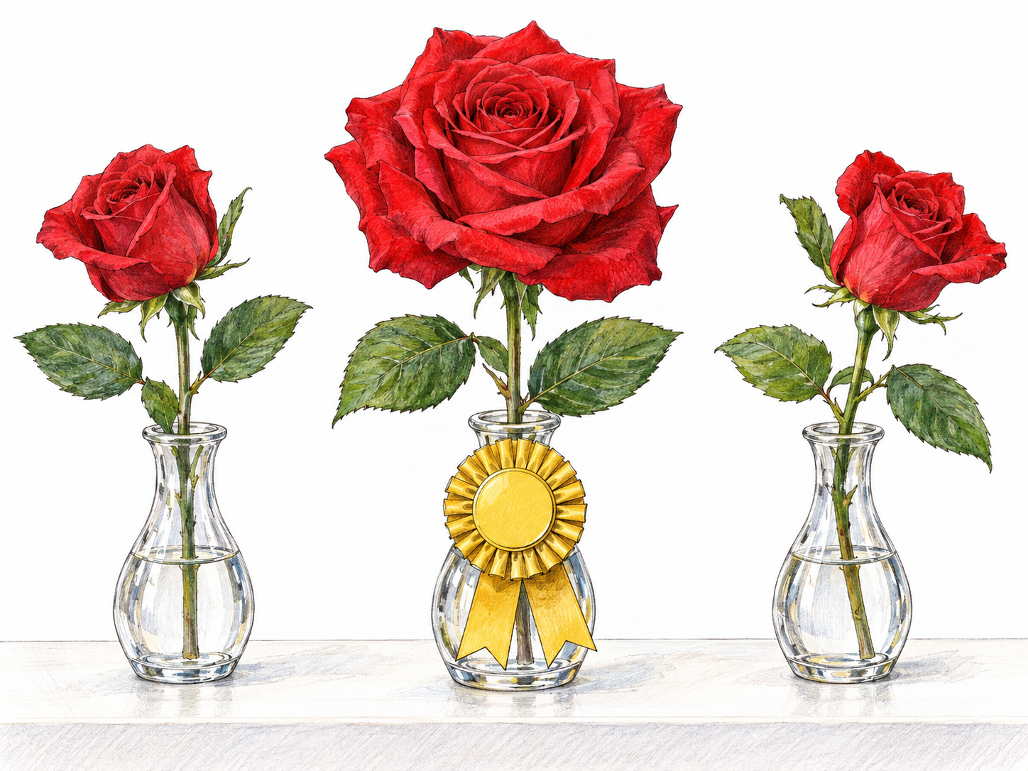A flower-show display contrasts one exceptionally full, beautifully formed rose with two smaller, less regular roses; a gold prize rosette marks the outstanding bloom as the best of the group.