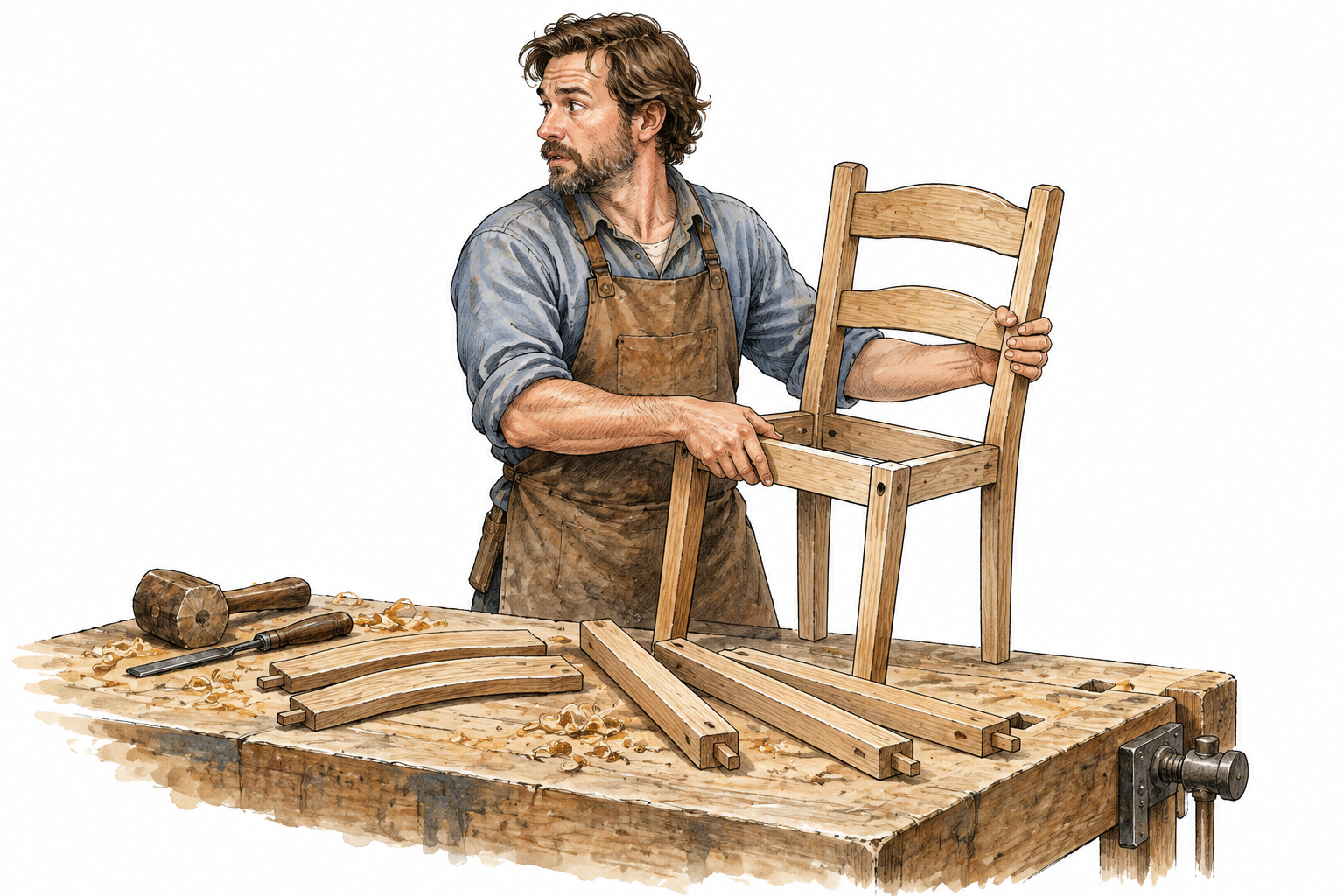A carpenter interrupted midway through assembling a chair, half-finished chair in hands and unassembled matching parts on bench, activity visibly in progress rather than complete, no writing.
