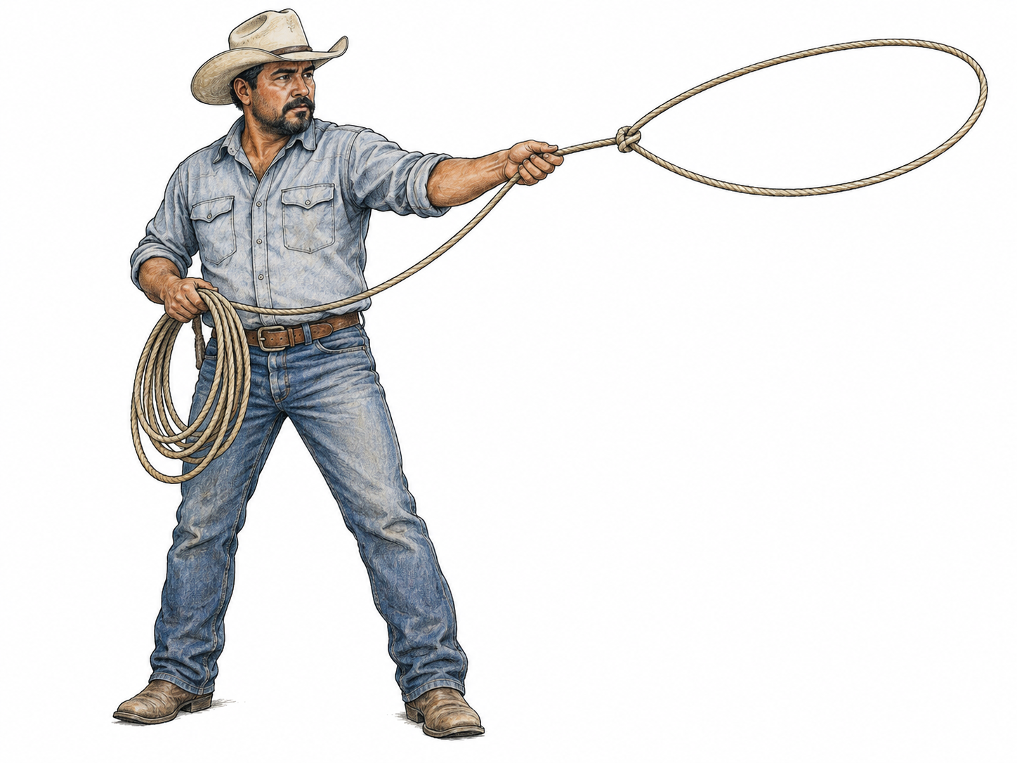 Rancher holds coiled lasso with large adjustable open loop extended from hand toward empty space, no animal caught or harm; loop and rope construction focal, white ground.