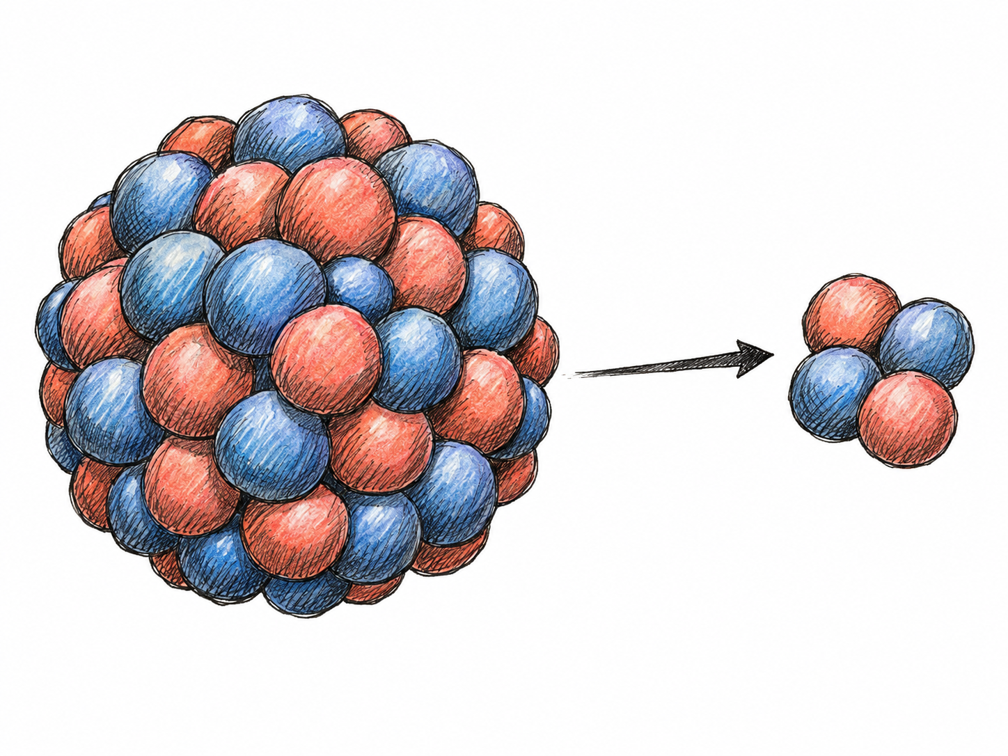 A magnified scientific visualization of alpha decay: a large atomic nucleus emits a compact cluster of two protons and two neutrons, visibly moving away from it.