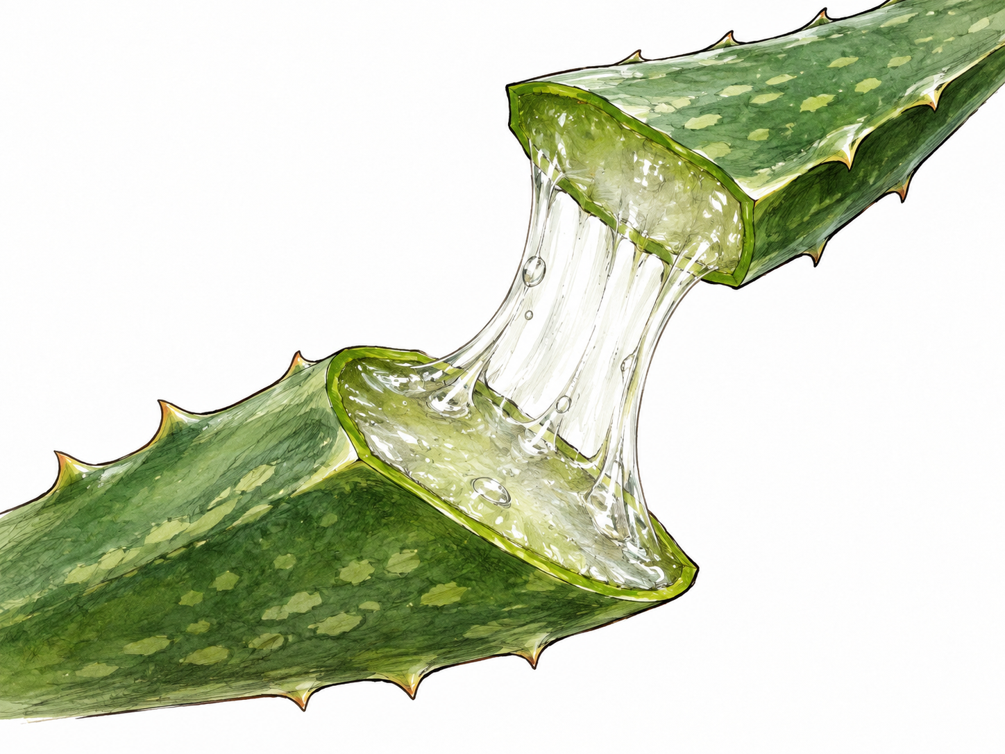Close-up cut aloe leaf with thick clear sticky plant gel stretching between its halves, drawn texture, no people.