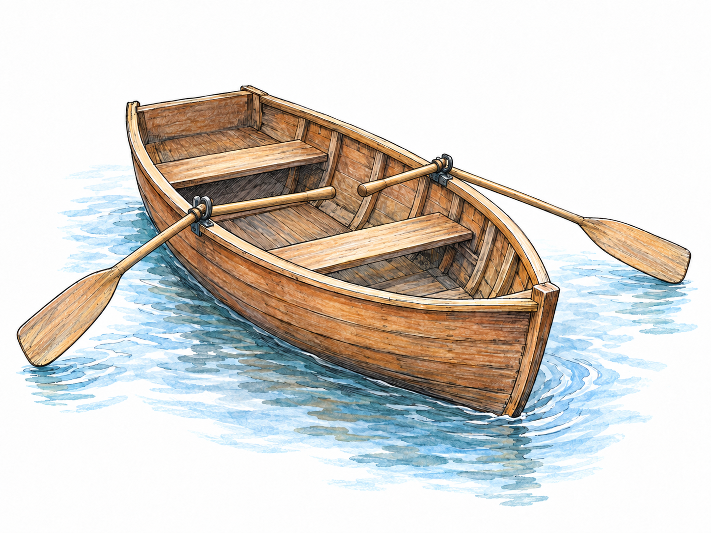 A small open rowboat floating on calm water, shown in three-quarter view with its hollow hull, bench seats, and paired oars clearly visible.