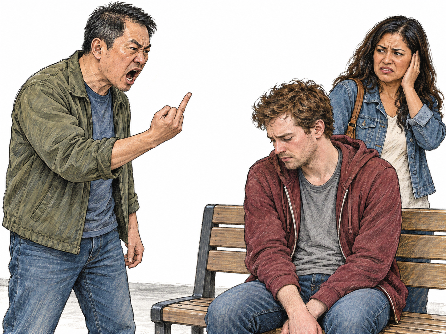 A coarse verbal tirade directed at a visibly humiliated listener: loud, sneering speech and an unmistakably vulgar hand gesture reinforce one another, while a nearby witness recoils from the outburst.