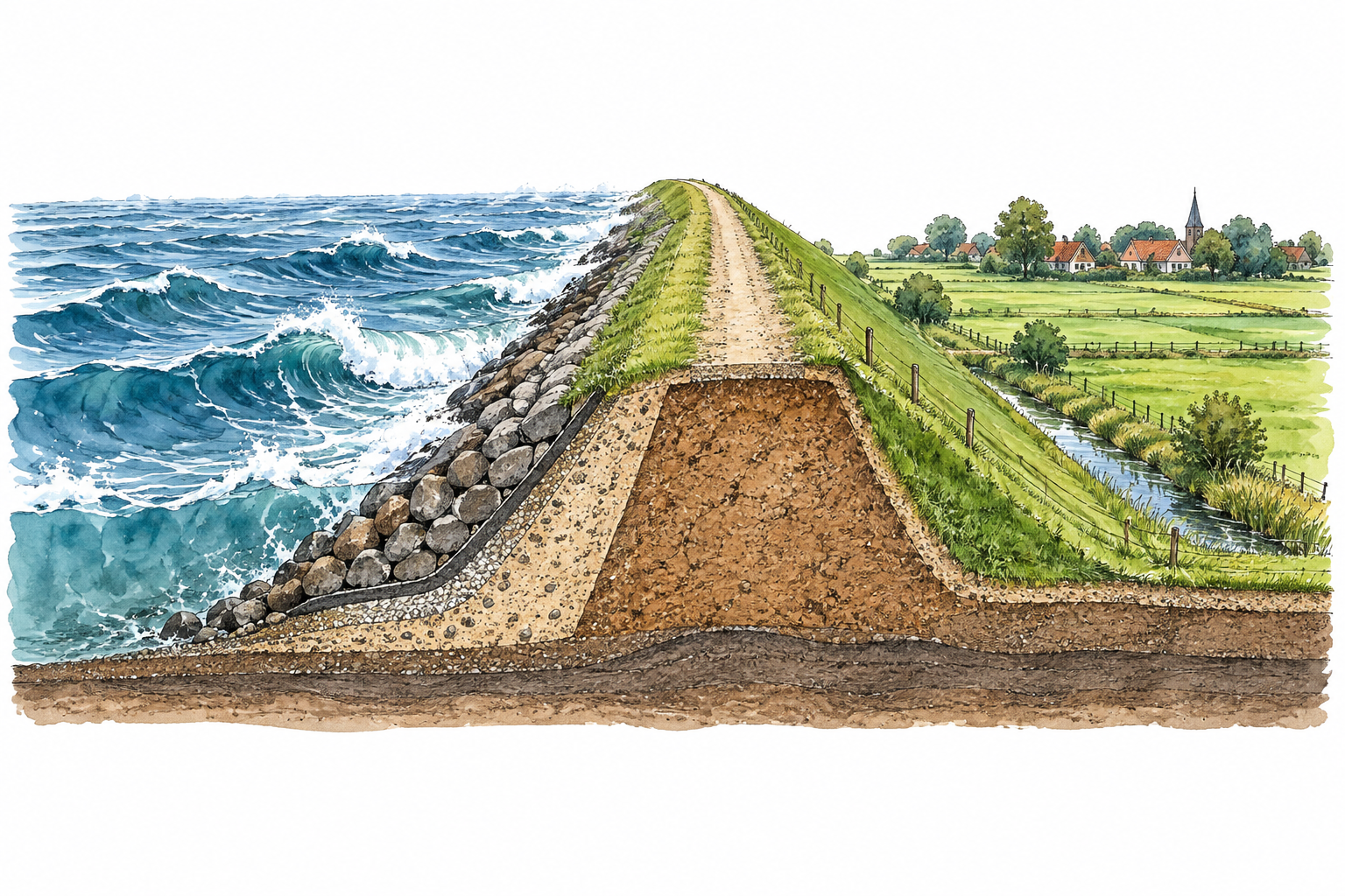 Coastal earthen dike holding back high blue sea from lower green fields and houses, clear section relationship.