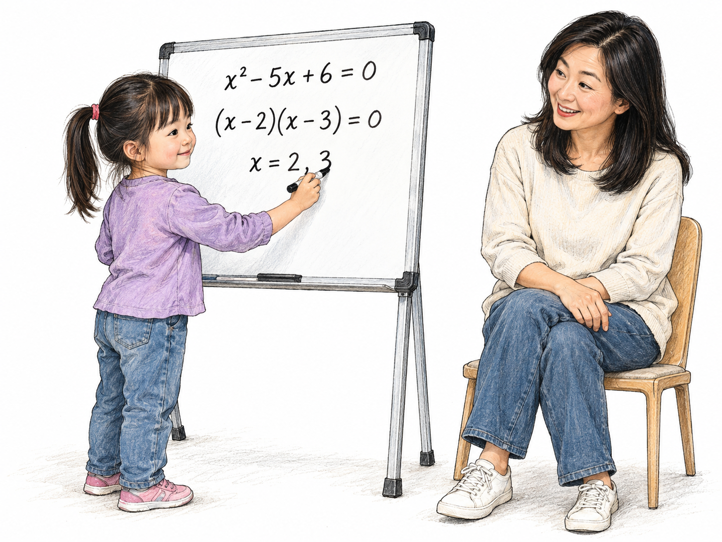 A visibly preschool-aged girl independently completes a correct algebra solution on a low whiteboard while an adult watches with delighted surprise.