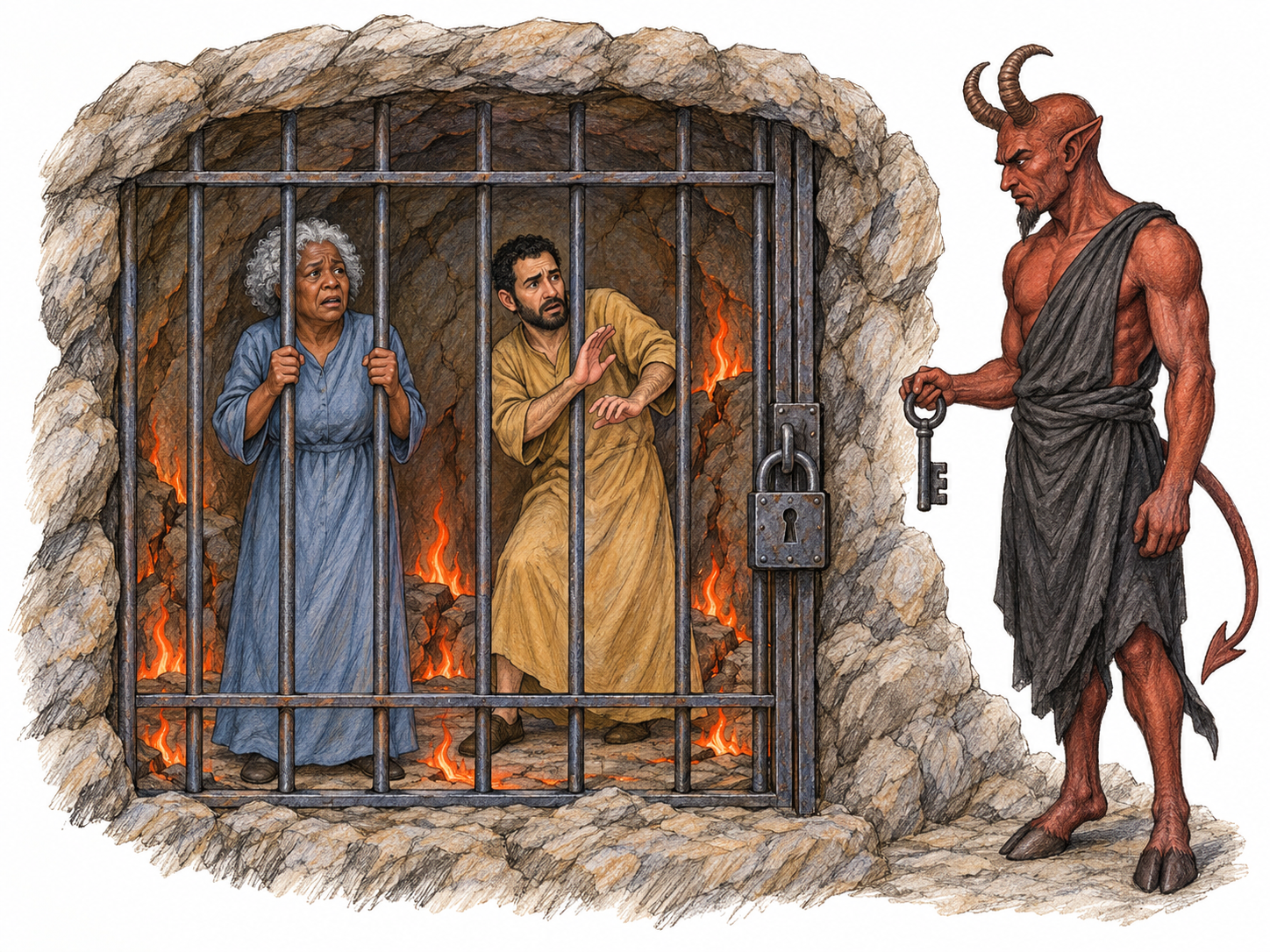 Perdition as eternal punishment: condemned adults confined behind a locked iron gate in a fiery infernal cavern, with a horned infernal jailer outside.