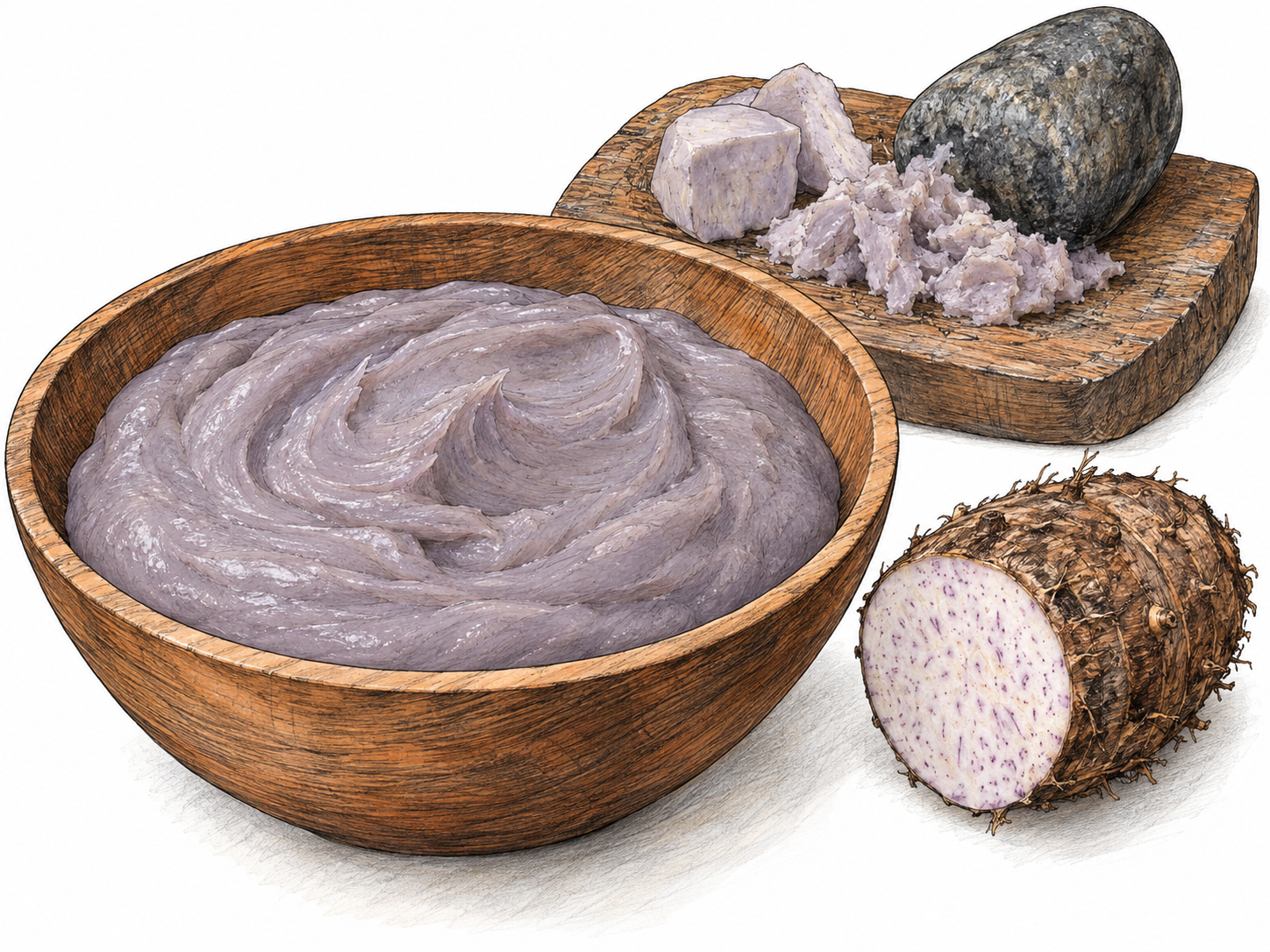 A close-up bowl of smooth grayish-lavender poi, paired with a taro corm and a small preparation board showing cooked taro mashed into the same paste.