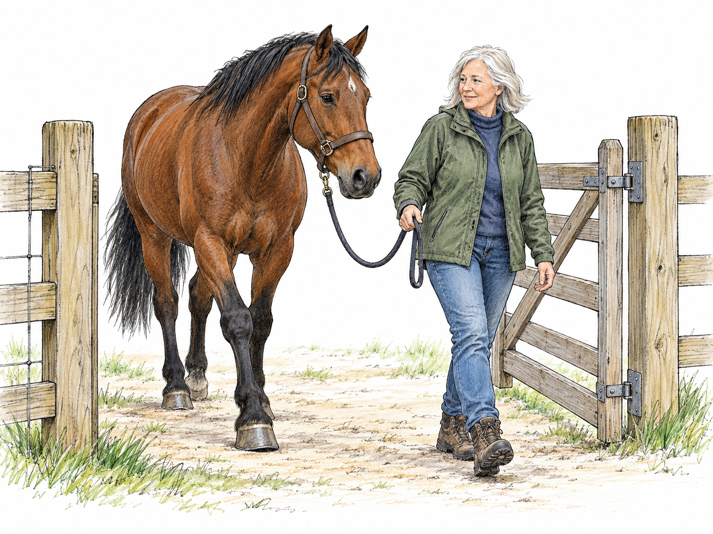 An older woman easily guides a large, calm horse through a narrow paddock gate using a loose lead rope.