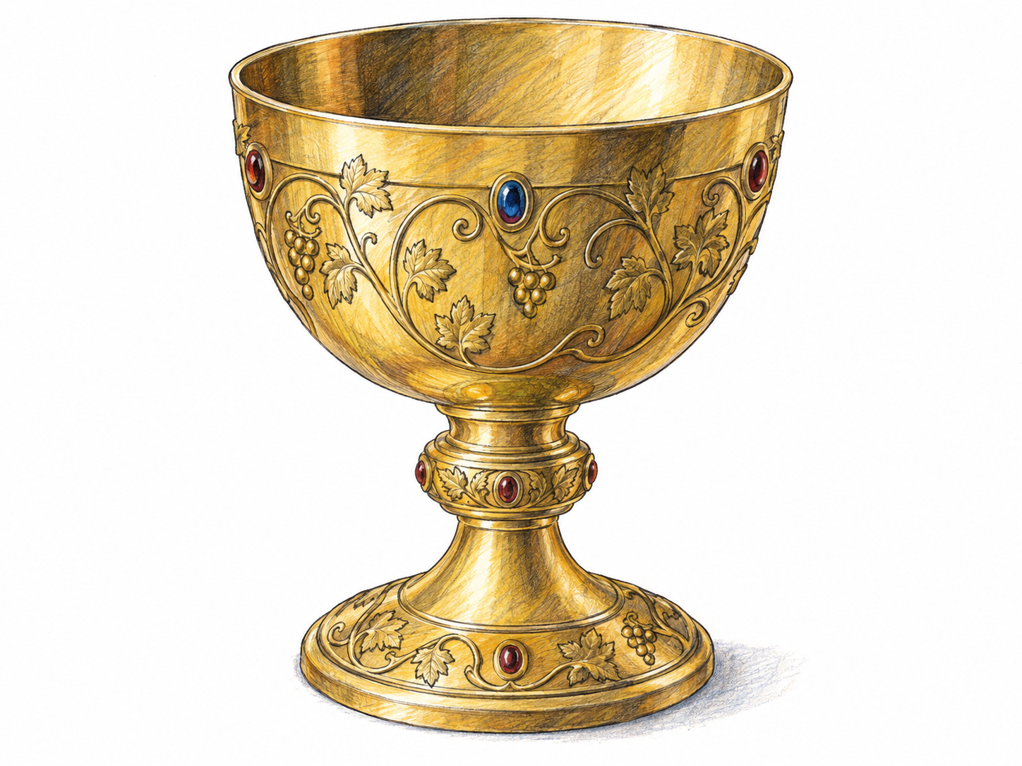 A single large ceremonial gold chalice, shown upright in three-quarter view with a deep open bowl, ornate stem, and broad stable foot.