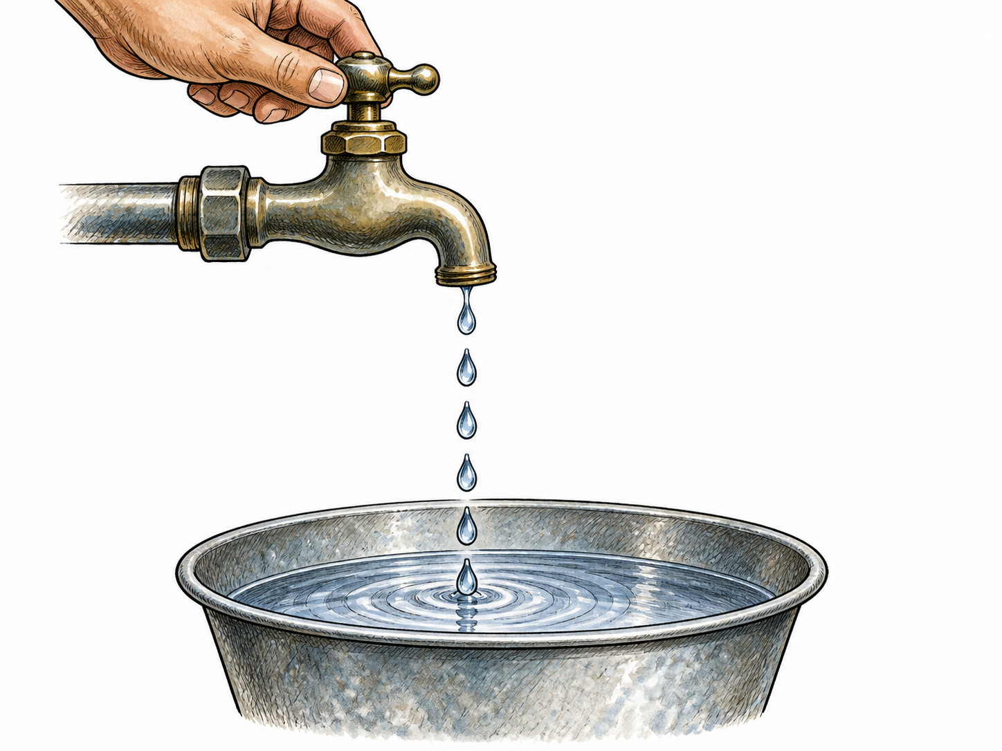 A tap sends an uninterrupted evenly spaced stream of droplets into a basin; small repeated intervals imply an unchanging steady flow.