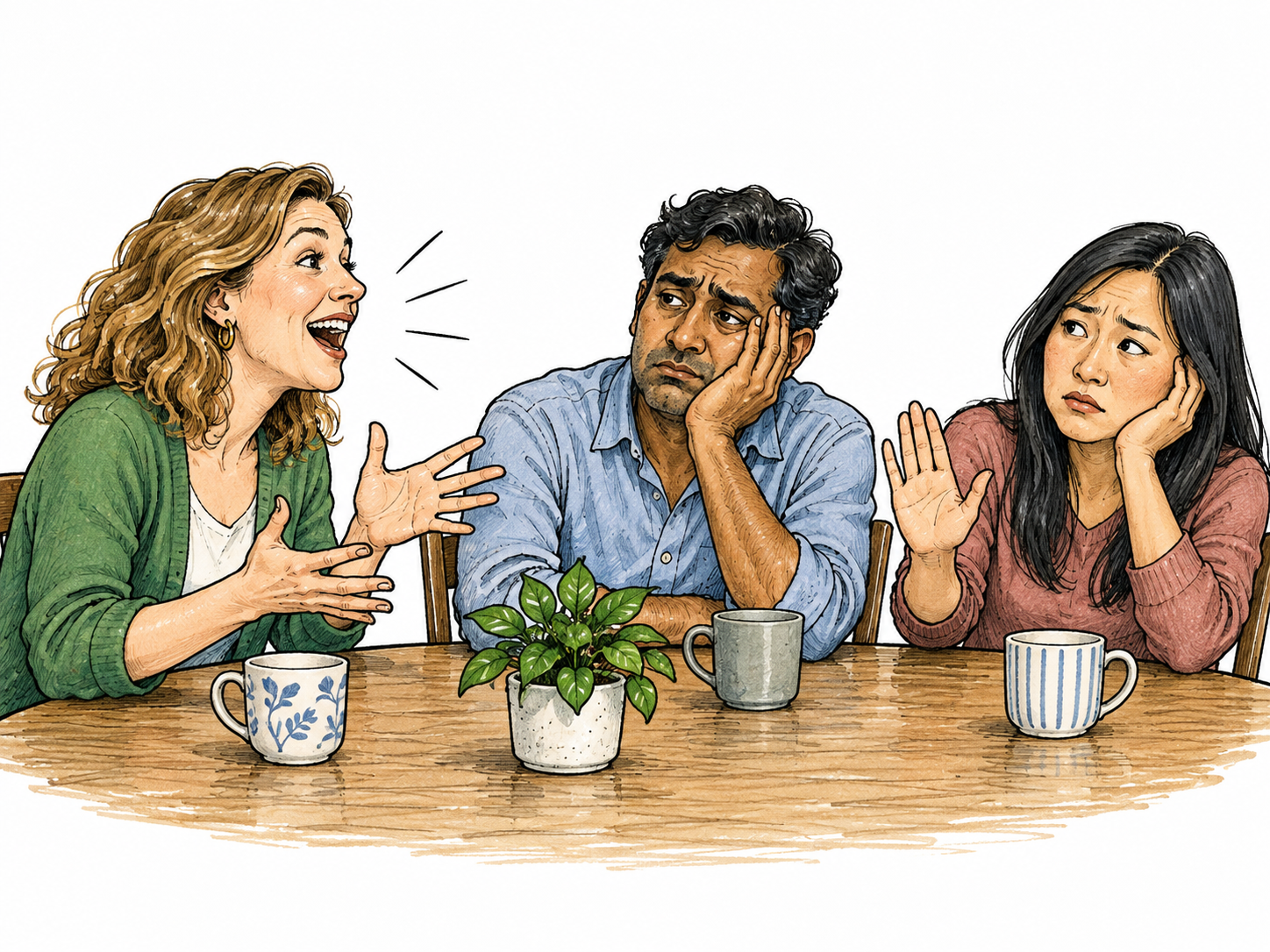 An animated adult talks on and on at a table while two companions look exhausted and a quiet companion gestures to stop, clearly excessive thoughtless talking, no text.