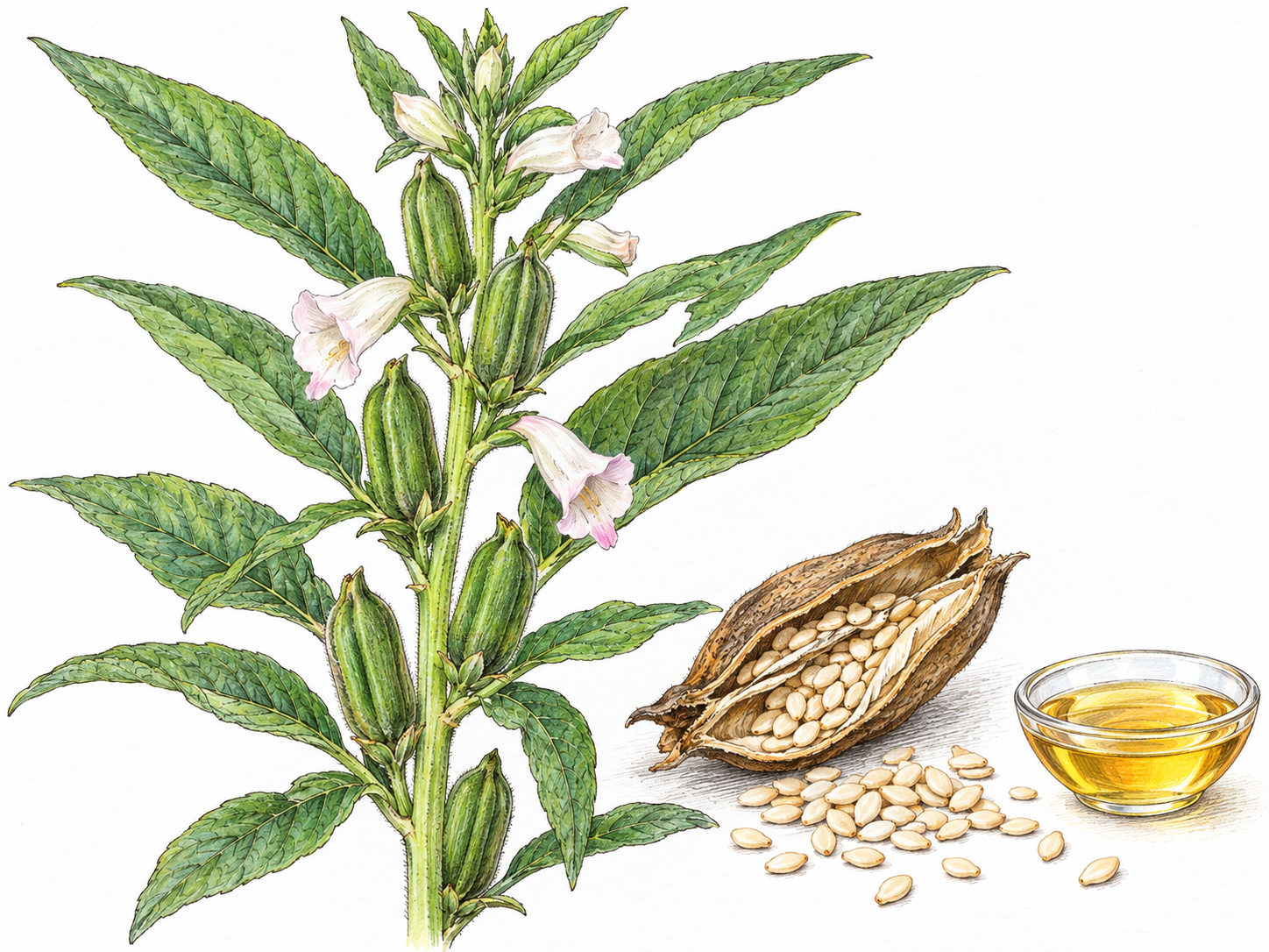 A recognizable sesame plant with tubular flowers and upright seed capsules, accompanied by a split mature capsule spilling small sesame seeds beside a tiny dish of golden oil.