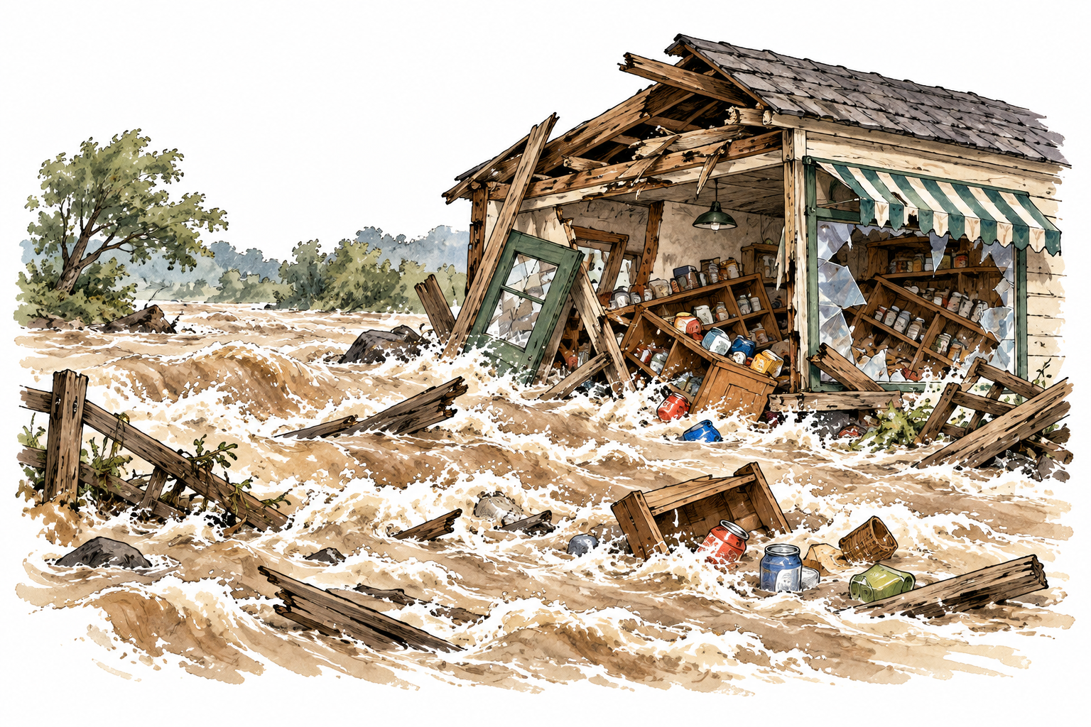 Severe flood tears through a small shop, destroying merchandise and structure, no people injured.