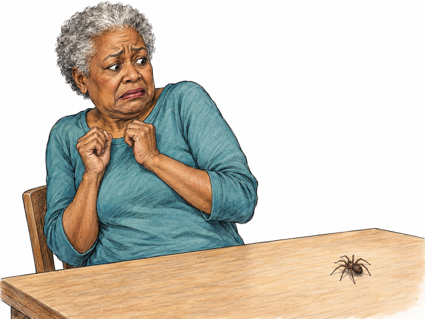 An older woman recoils with a tight, uneasy shudder from a small spider on the opposite end of a plain tabletop.