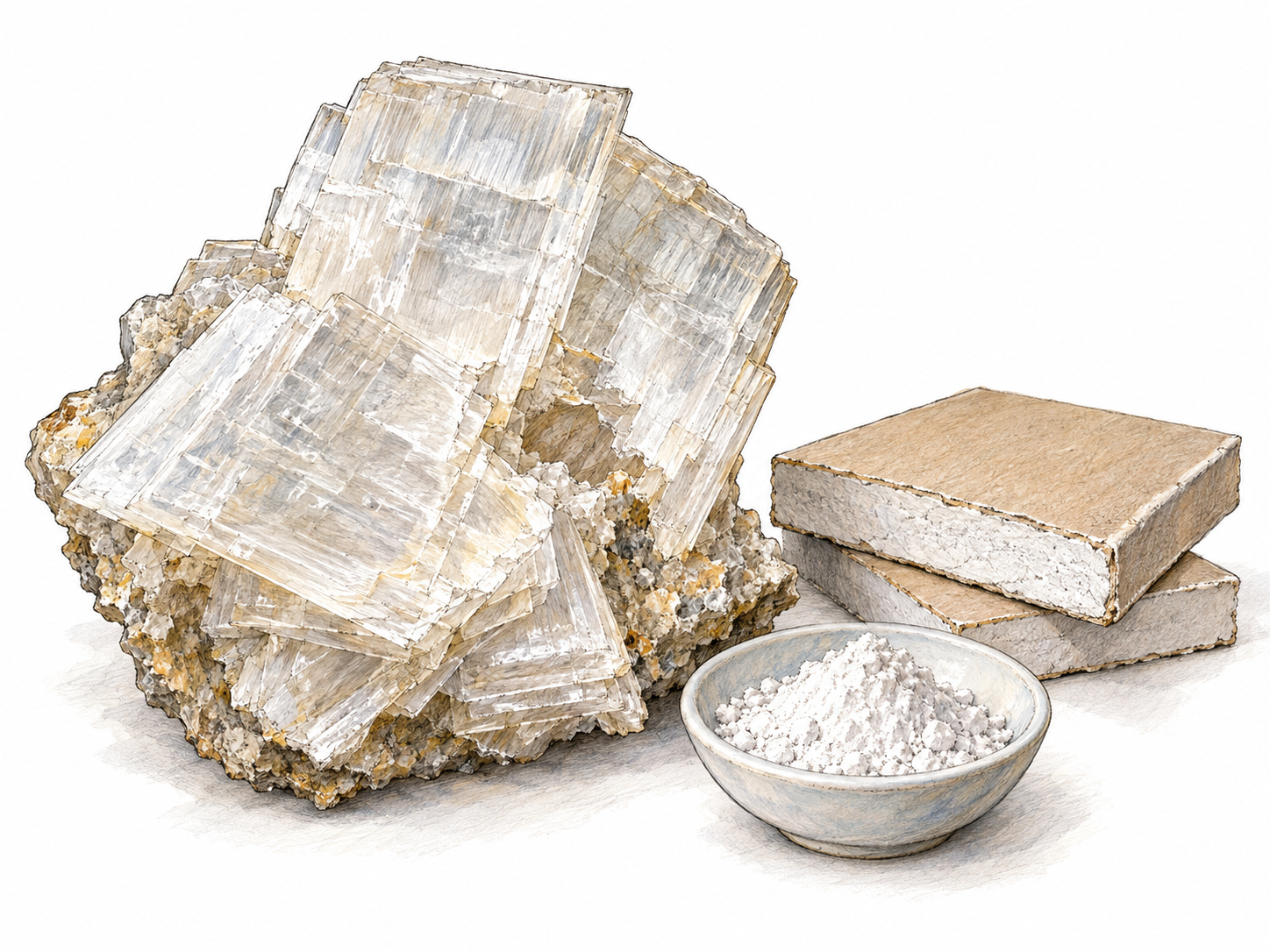 A large natural gypsum specimen with translucent tabular crystals and pearly cleavage faces, beside a small stack of cut drywall showing its white mineral core and a shallow dish of plaster powder.