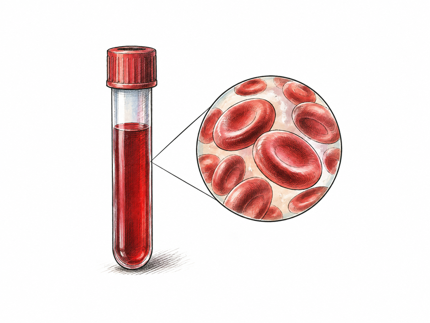 A clear small blood sample tube containing red fluid beside a simple circular magnified view of biconcave red blood cells; no needle, labels or writing.