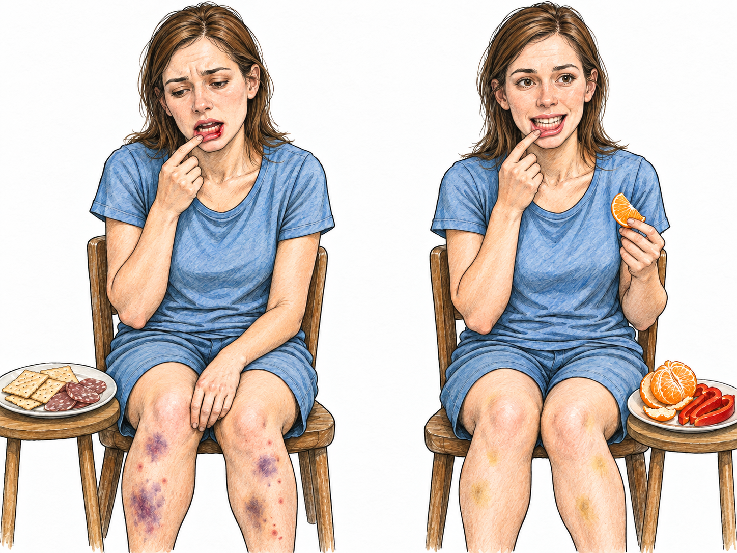 A compact two-stage depiction of scurvy: the same woman first shows bleeding gums and extensive shin bruising beside a severely restricted preserved-food diet, then appears healthier while eating fresh citrus and peppers.