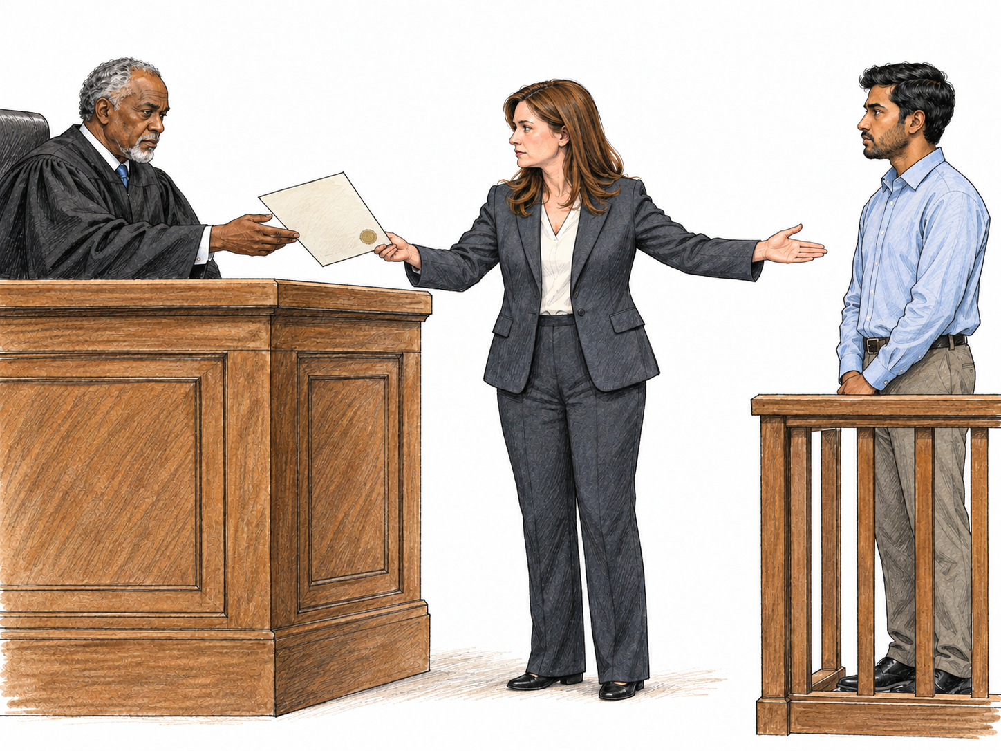 A prosecutor formally presents a criminal accusation to a judge while identifying the accused person standing beside the court rail.