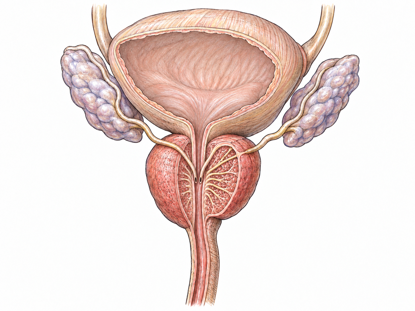 An isolated anatomical cutaway of the adult male lower urinary and reproductive tract, emphasizing the walnut-sized prostate directly beneath the bladder and surrounding the upper urethra.