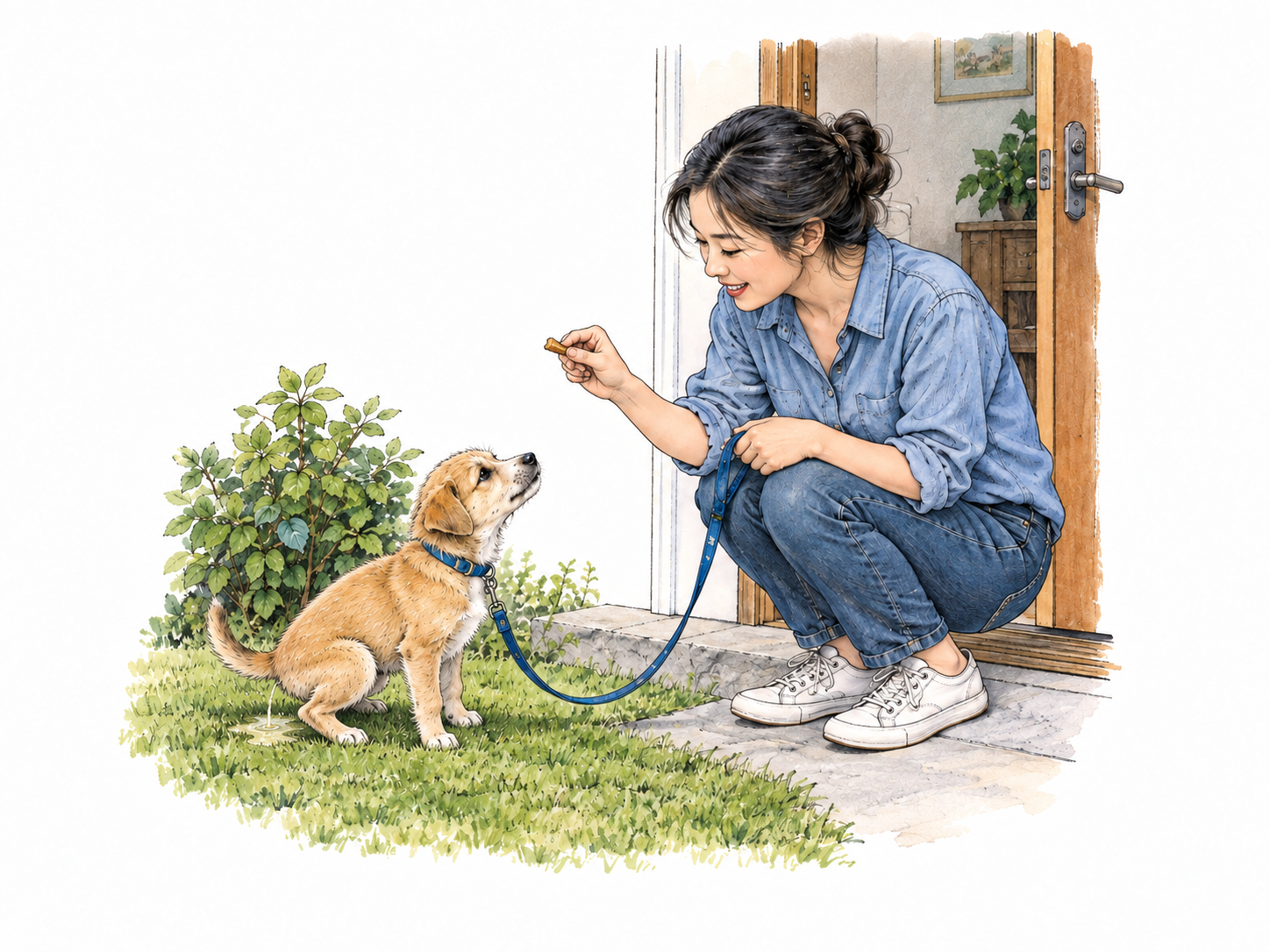 A puppy squats appropriately on a small outdoor grass patch beside an open home doorway while its owner praises it and offers a tiny treat.