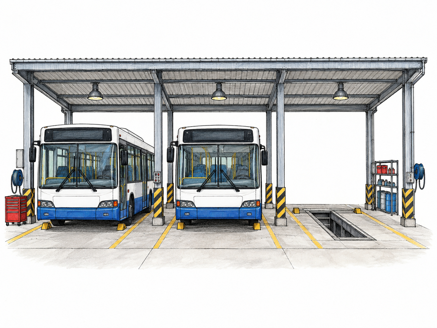 Compact bus depot with two parked buses aligned in maintenance bays, one empty bay and simple roof frame; no city skyline, no route text, white-ground architectural vignette.