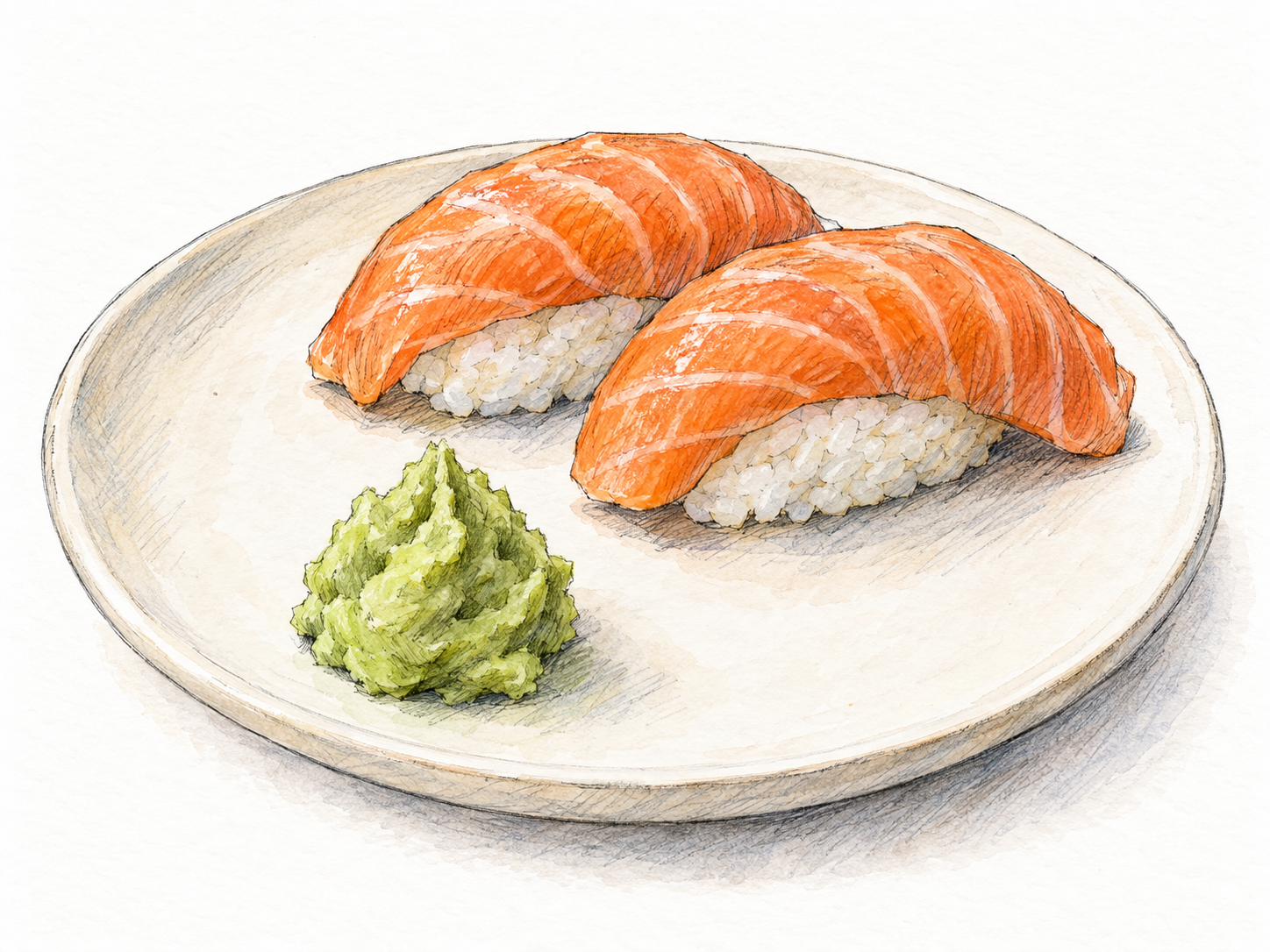 A small mound of green wasabi on a plain ceramic sushi plate, with two pieces of salmon nigiri beside it.