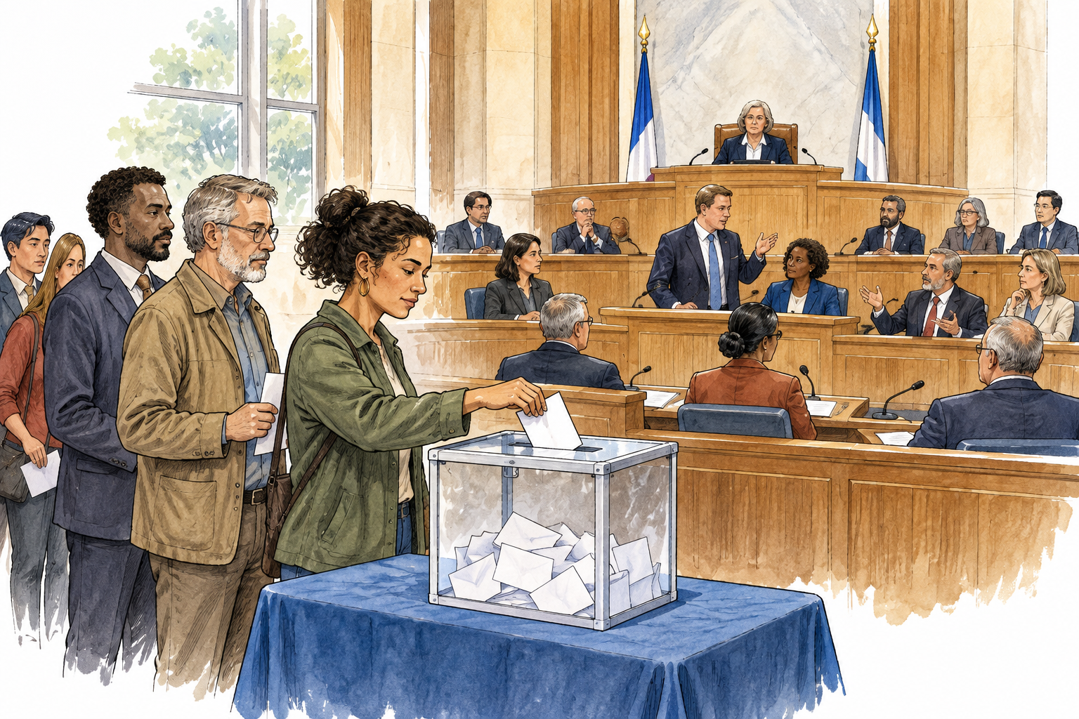 A modern elected assembly chamber with representatives debating while citizens place ballots in a ballot box in the foreground, civic government by elected representatives, no crowns or text.