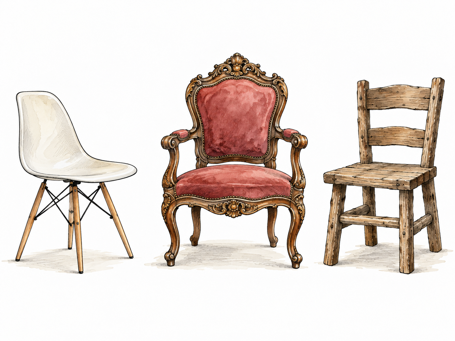 Three distinctly styled chairs: spare modern, ornate antique, and rustic handmade.