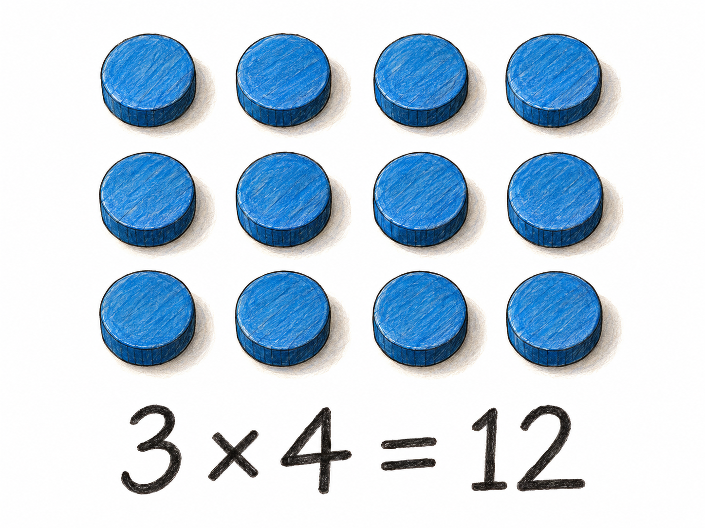 A simple arithmetic demonstration: twelve counters arranged in three rows of four, with the indispensable mathematical expression “3 × 4 = 12” directly beneath them.
