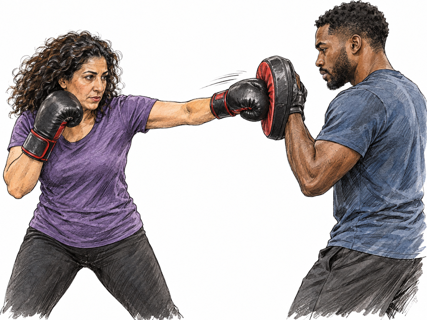 A woman boxer delivers a compact straight lead-hand jab into a coach's raised focus mitt.