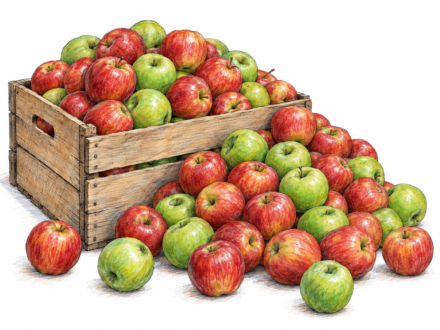 One large open crate heaped with many red and green apples, with additional apples spilling into a broad mound beside it.