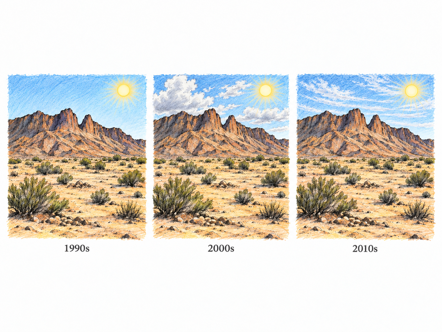 Three small views of the same arid region across successive decades show its persistent hot, dry conditions: the same rocky ridge, sparse desert shrubs, sandy ground and bright sun recur.