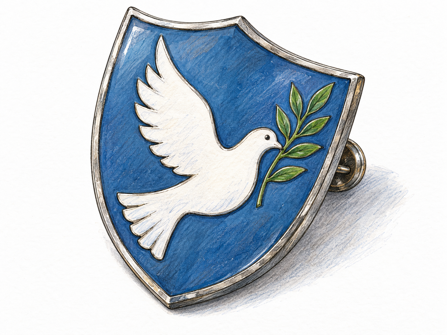 A shield-shaped enamel badge bearing a white dove with an olive branch, a recognizable emblem of peace.